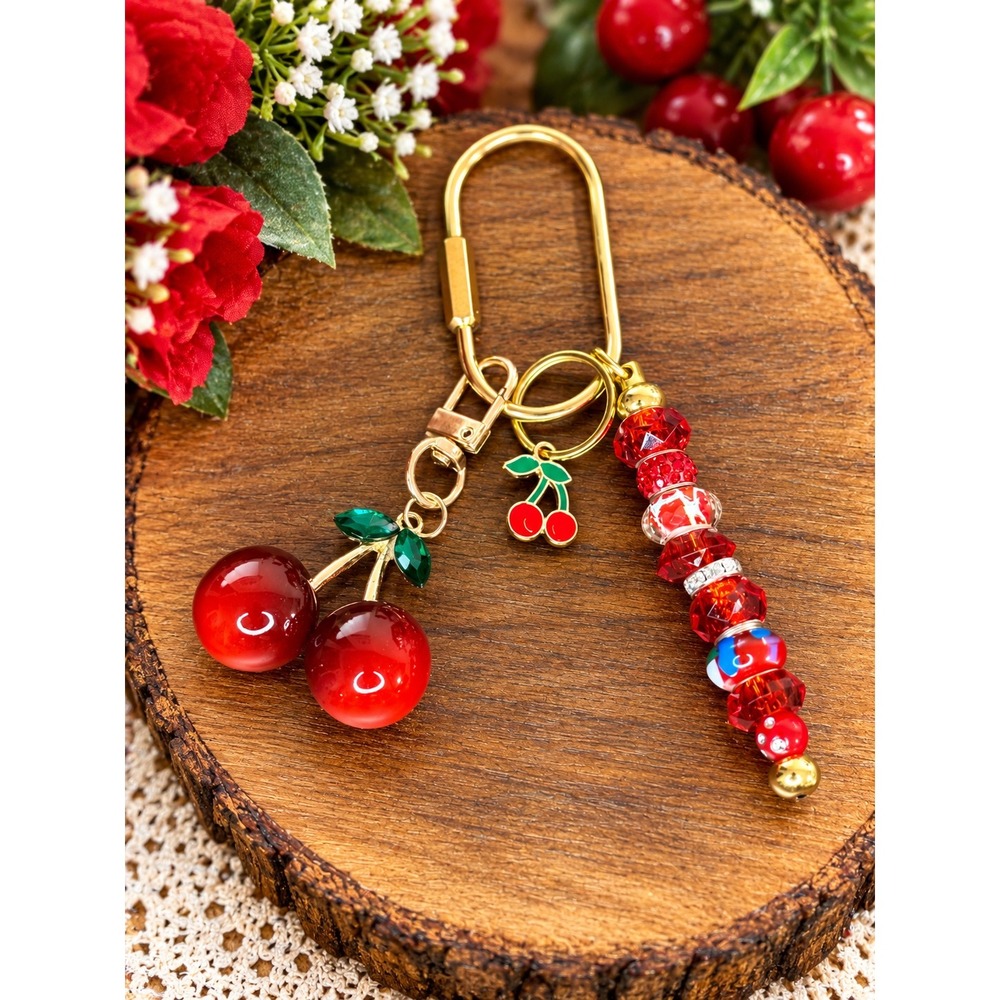 Red Cherry Bag Charm Gold Tone Beaded Keychain Fruit Accessory